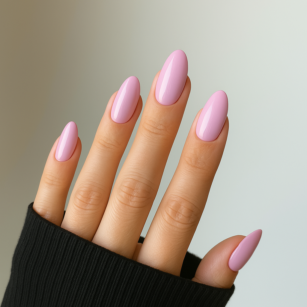 Lavender Dream – Ljuslila / gellack / gel polish på modellhand – Salongskvalitet UV/LED-nagellack – Mandel-formade naglar