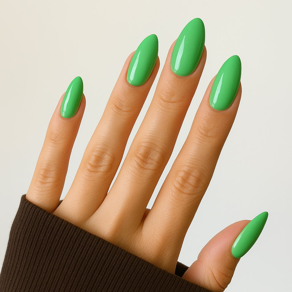 Neon Green – Klargrön / neon grön gellack / gel polish på modellhand – Salongskvalitet UV/LED-nagellack – Mandel-formade naglar