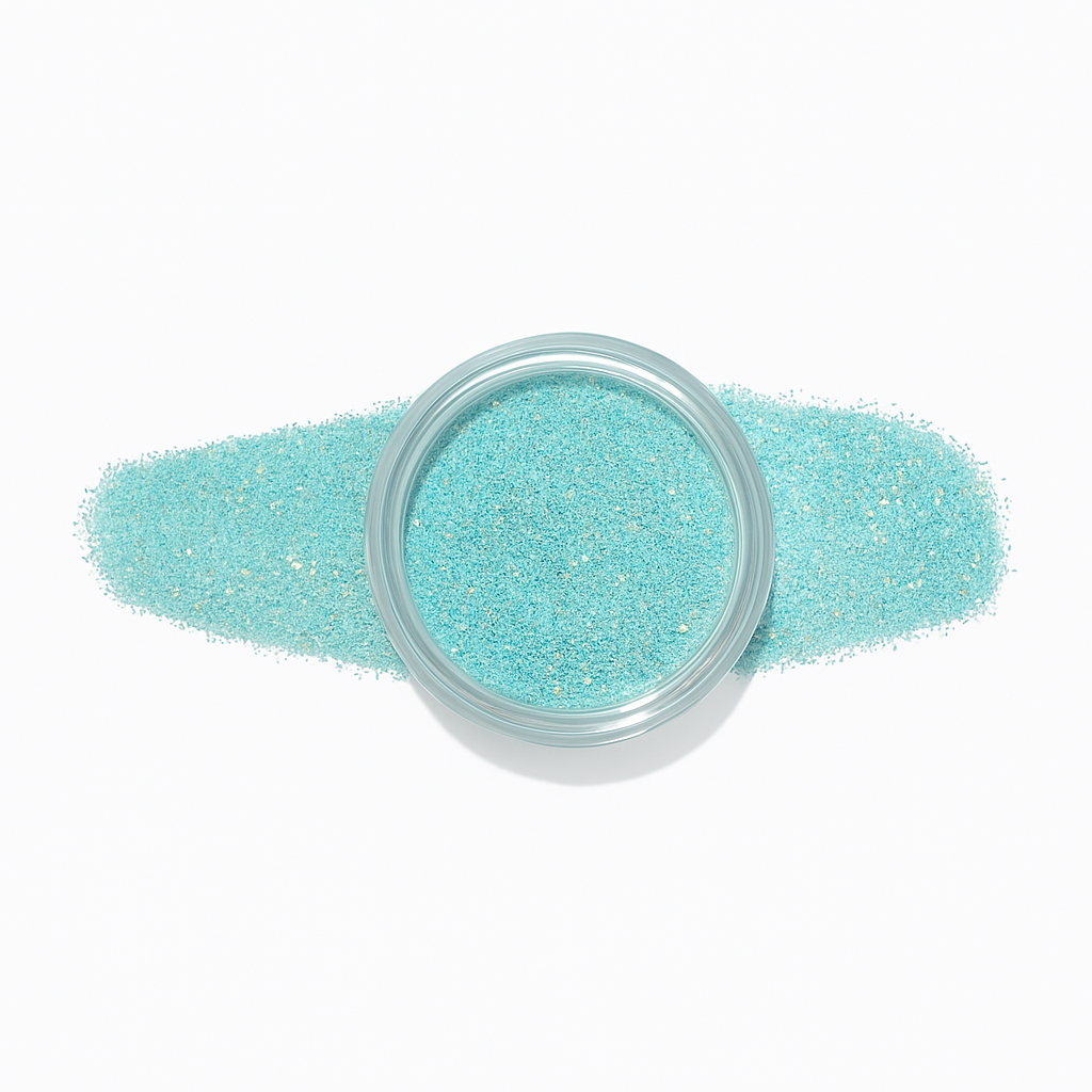 Akvamarinblå – Aqua – En ljus akvamarinblå nyans som strålar av glitter och får naglarna att glänsa som en stjärna / dipping-pulver-powder-akryl-pulver – Högpigmenterat material för salonger – Nagelfärgvisning (nail swatch)