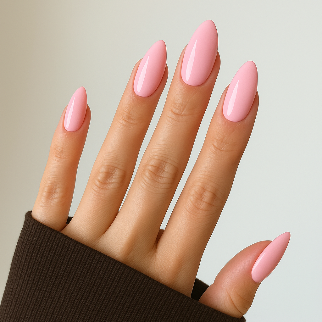 Baby Pink – Ljus rosa gellack / gel polish på modellhand – Salongskvalitet UV/LED-nagellack – Mandel-formade naglar
