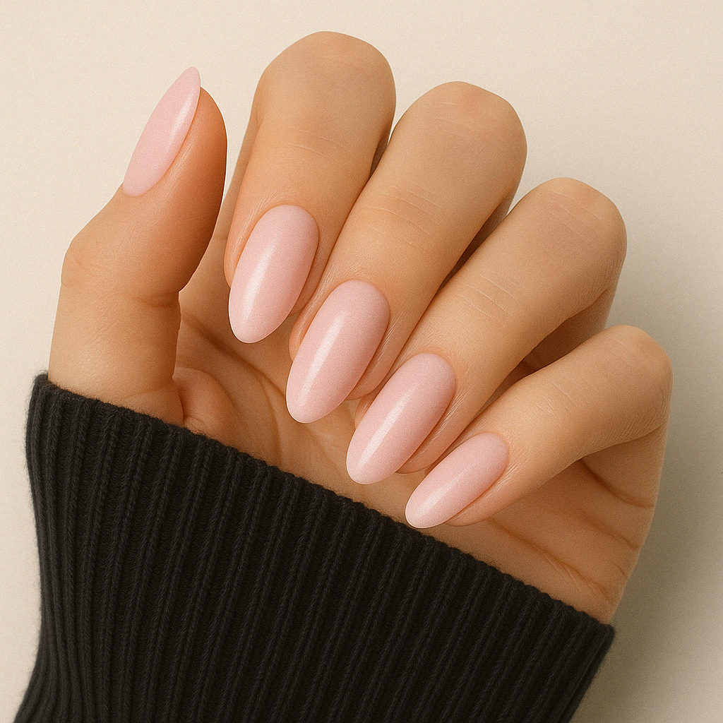 Baby Pink Skimmer – Ljusrosa med skimmer / gellack / gel polish på modellhand – Salongskvalitet UV/LED-nagellack – Mandel-formade naglar