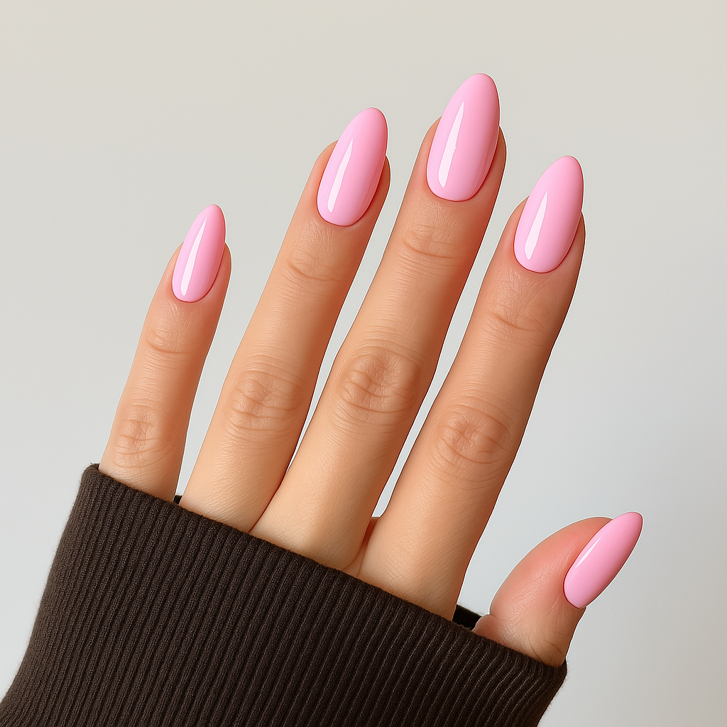 Barbie Pink – Bubbelgum rosa gellack / gel polish på modellhand – Salongskvalitet UV/LED-nagellack – Mandel-formade naglar