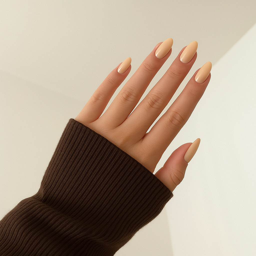 Beige nude – Mjuk och naturlig beige nyans / polygel på modellhand – Salongskvalitet UV/LED-polygel – Mandel-formade naglar