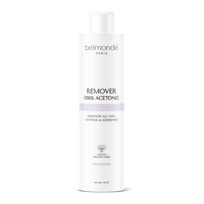 Belmondé Paris – Acetone Remover – Flaska med Belmondé Paris acetonbaserad nagellacksborttagare, kraftfull och effektiv för att ta bort nagellack, gelé, akryl och nagelförstärkningar. Passar både hemmabruk och professionellt bruk, vegan och cruelty-free.
