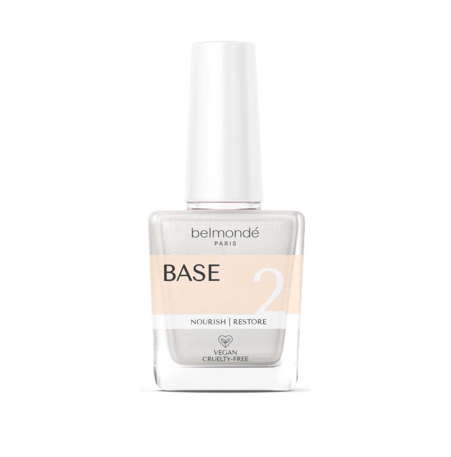 Belmondé Paris – Base 2 – Flaska med Belmondé Paris Base 2, ett baslager som fungerar som glasyr för att färgpulvret ska fästa ordentligt och ge maximal hållbarhet. Berikad med kalcium och vitamin E för friska naglar. Vegan och cruelty-free.