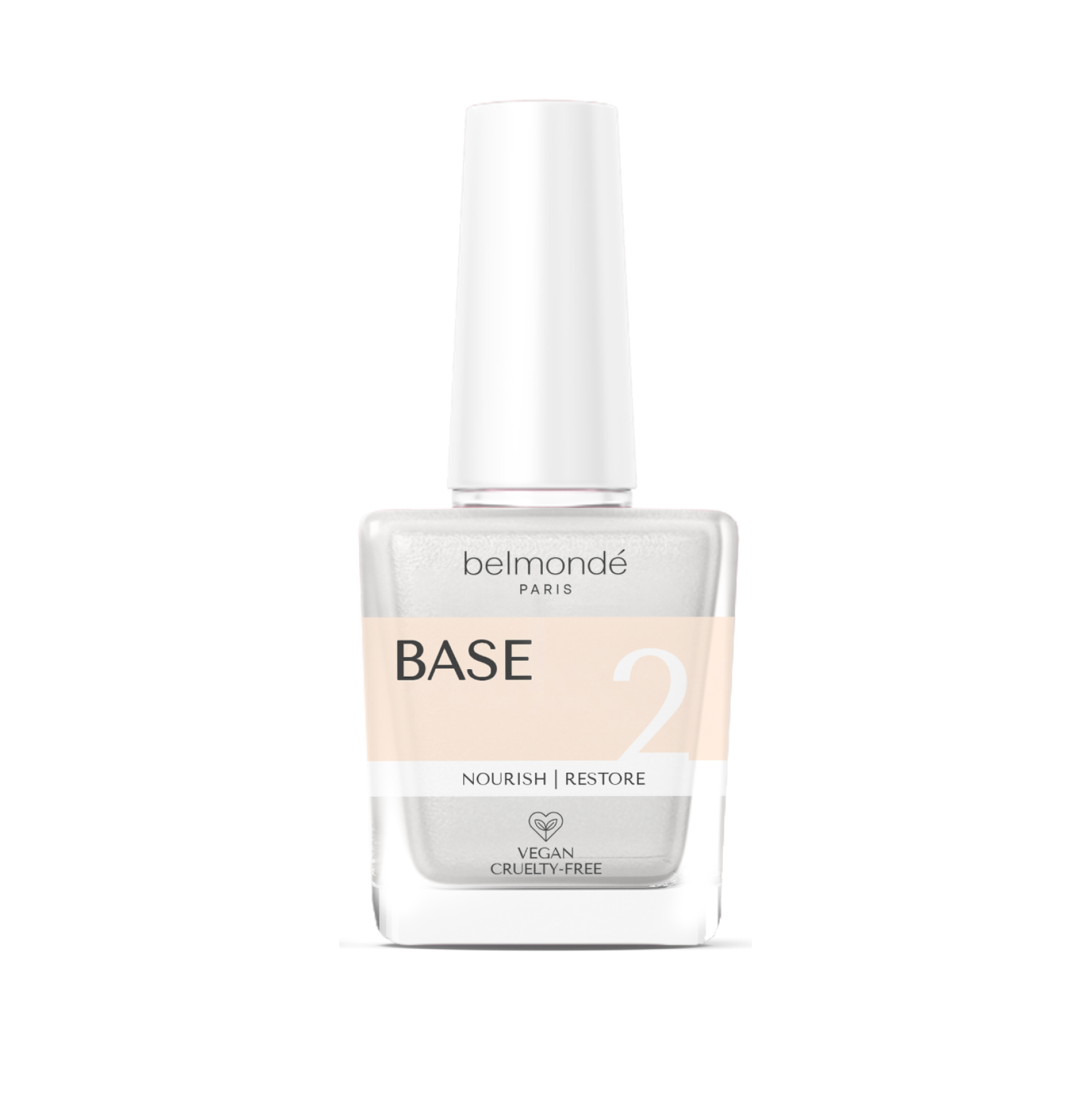 Belmondé Paris – Base 2 – Flaska med Belmondé Paris Base 2, ett baslager som fungerar som glasyr för att färgpulvret ska fästa ordentligt och ge maximal hållbarhet. Berikad med kalcium och vitamin E för friska naglar. Vegan och cruelty-free.