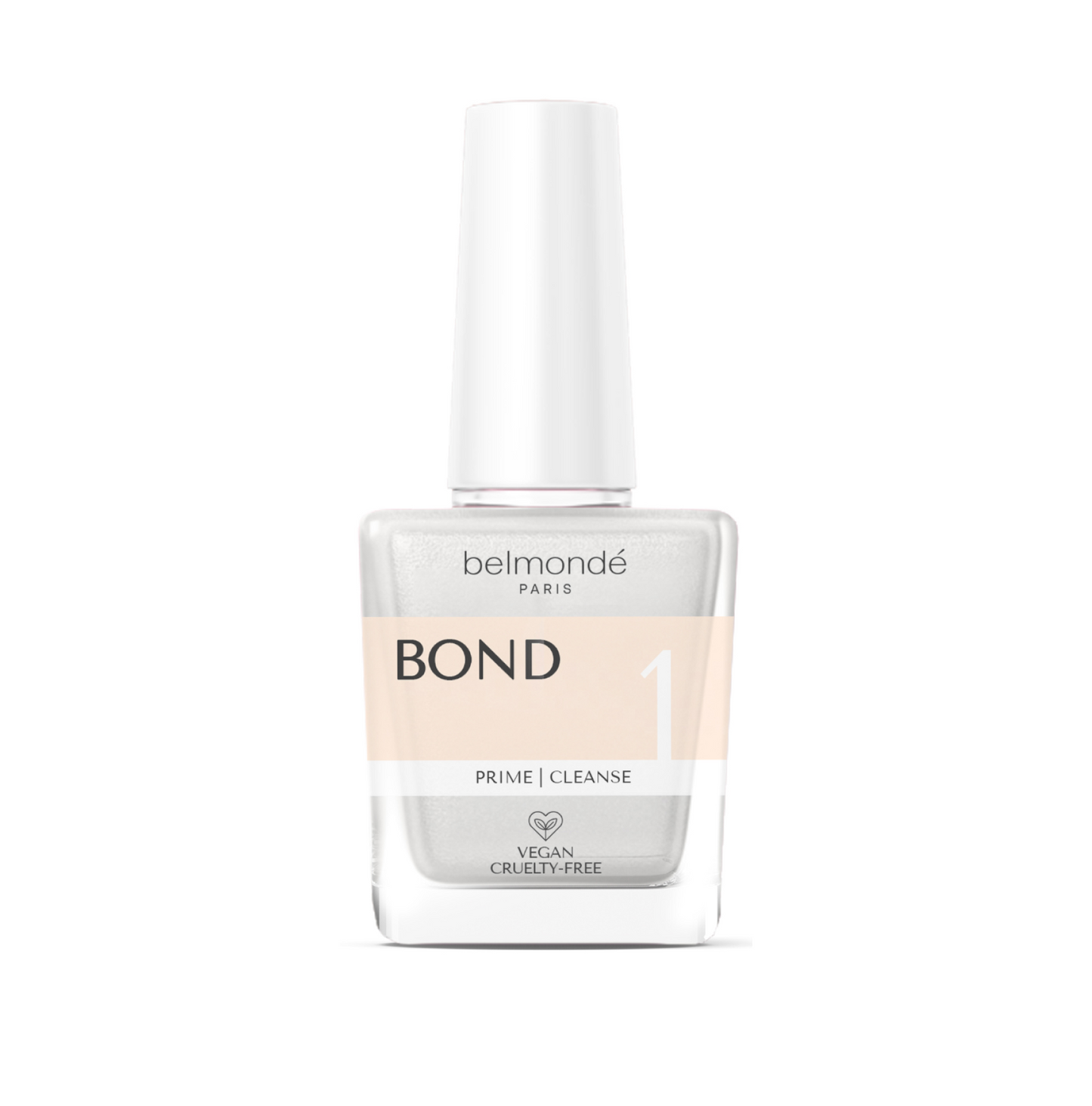 Belmondé Paris – Bond 1 – Flaska med Belmondé Paris Bond 1, en primer och rengöringsvätska som förbereder nagelplattan för maximal vidhäftning. Berikad med kalcium, vitamin B och växtbaserat keratin för friska naglar och salongskvalitativa resultat. Vegan och cruelty-free.