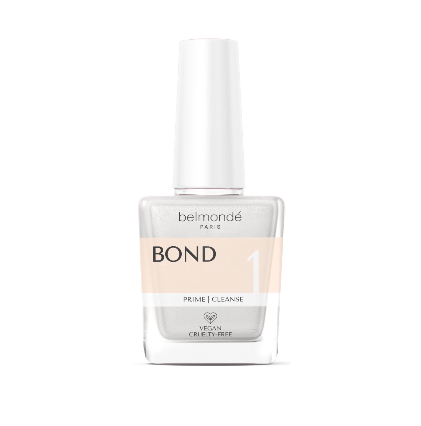 Belmondé Paris – Bond 1 – Flaska med Belmondé Paris Bond 1, en primer och rengöringsvätska som förbereder nagelplattan för maximal vidhäftning. Berikad med kalcium, vitamin B och växtbaserat keratin för friska naglar och salongskvalitativa resultat. Vegan och cruelty-free.