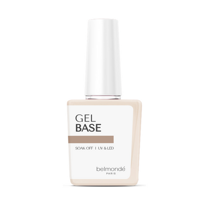 Belmondé Paris – Gel Base – Flaska med Belmondé Paris Gel Base, ett starkande baslager med tjock och elastisk konsistens som skyddar naglarna och skapar en jämn yta. Idealisk för svaga eller skadade naglar, soak off, UV & LED, vegan och cruelty-free.