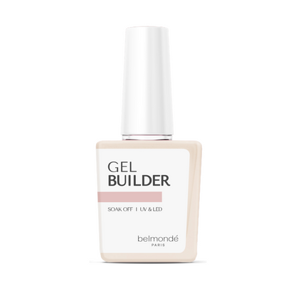 Belmondé Paris – Gel Builder – Flaska med Belmondé Paris Gel Builder, en stärkande gel för naglar som härdas under UV- eller LED-ljus, perfekt för tunna naglar eller snabb påfyllning. Soak off, vegan och cruelty-free.