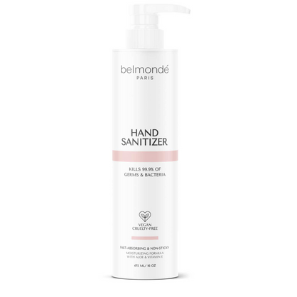 Belmondé Paris – Hand Sanitizer – Flaska med Belmondé Paris handdesinfektion, som effektivt eliminerar 99,9 % av bakterier och är berikad med återfuktande ingredienser för mjuka händer utan kladd. Vegan och cruelty-free, perfekt för användning under dagen och på språng.