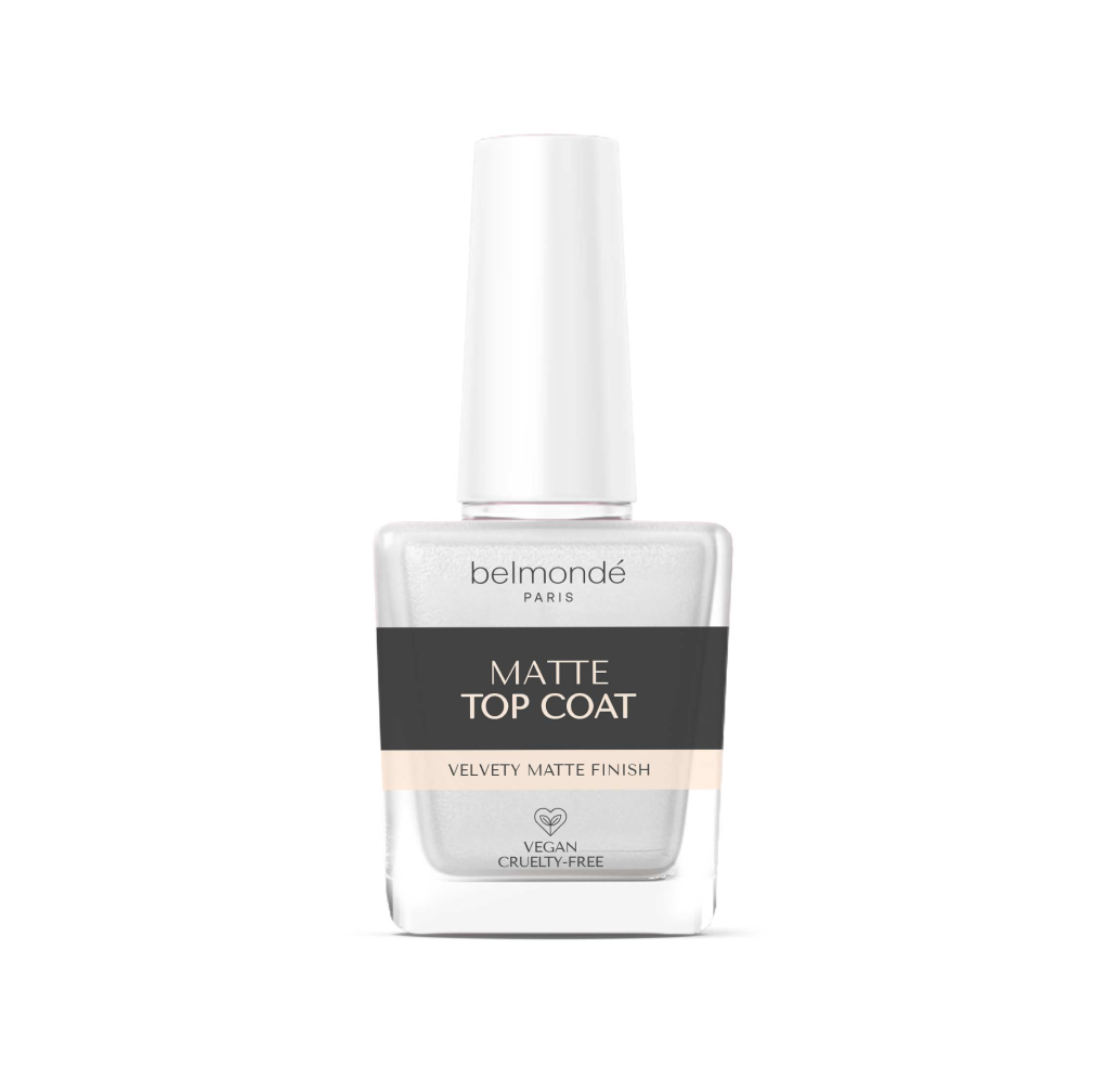 Belmondé Paris – Matte Top Coat – A bottle of Belmondé Paris Matte Top Coat, designed to transform any color into a sleek, velvety matte finish with a long-lasting and protective coating. Vegan and cruelty-free.