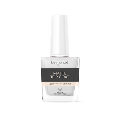 Belmondé Paris – Matte Top Coat – A bottle of Belmondé Paris Matte Top Coat, designed to transform any color into a sleek, velvety matte finish with a long-lasting and protective coating. Vegan and cruelty-free.