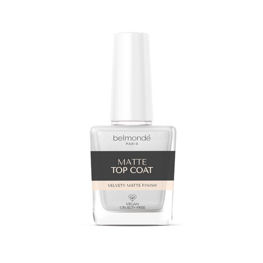 Belmondé Paris – Matte Top Coat – A bottle of Belmondé Paris Matte Top Coat, designed to transform any color into a sleek, velvety matte finish with a long-lasting and protective coating. Vegan and cruelty-free.