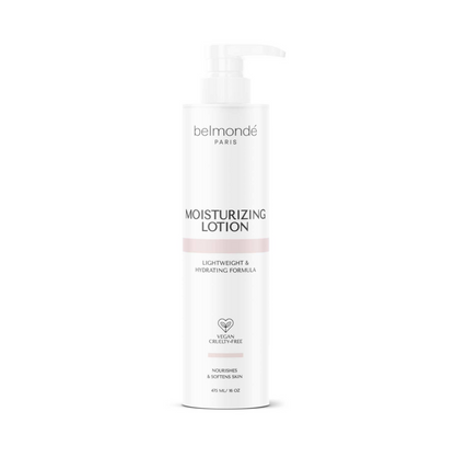 Belmondé Paris – Moisturizing Lotion – A bottle of Belmondé Paris moisturizing lotion with a lightweight and hydrating formula, designed to nourish and soften the skin. Vegan and cruelty-free, suitable for all skin types, providing intense hydration without being sticky.