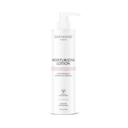 Belmondé Paris – Moisturizing Lotion – A bottle of Belmondé Paris moisturizing lotion with a lightweight and hydrating formula, designed to nourish and soften the skin. Vegan and cruelty-free, suitable for all skin types, providing intense hydration without being sticky.