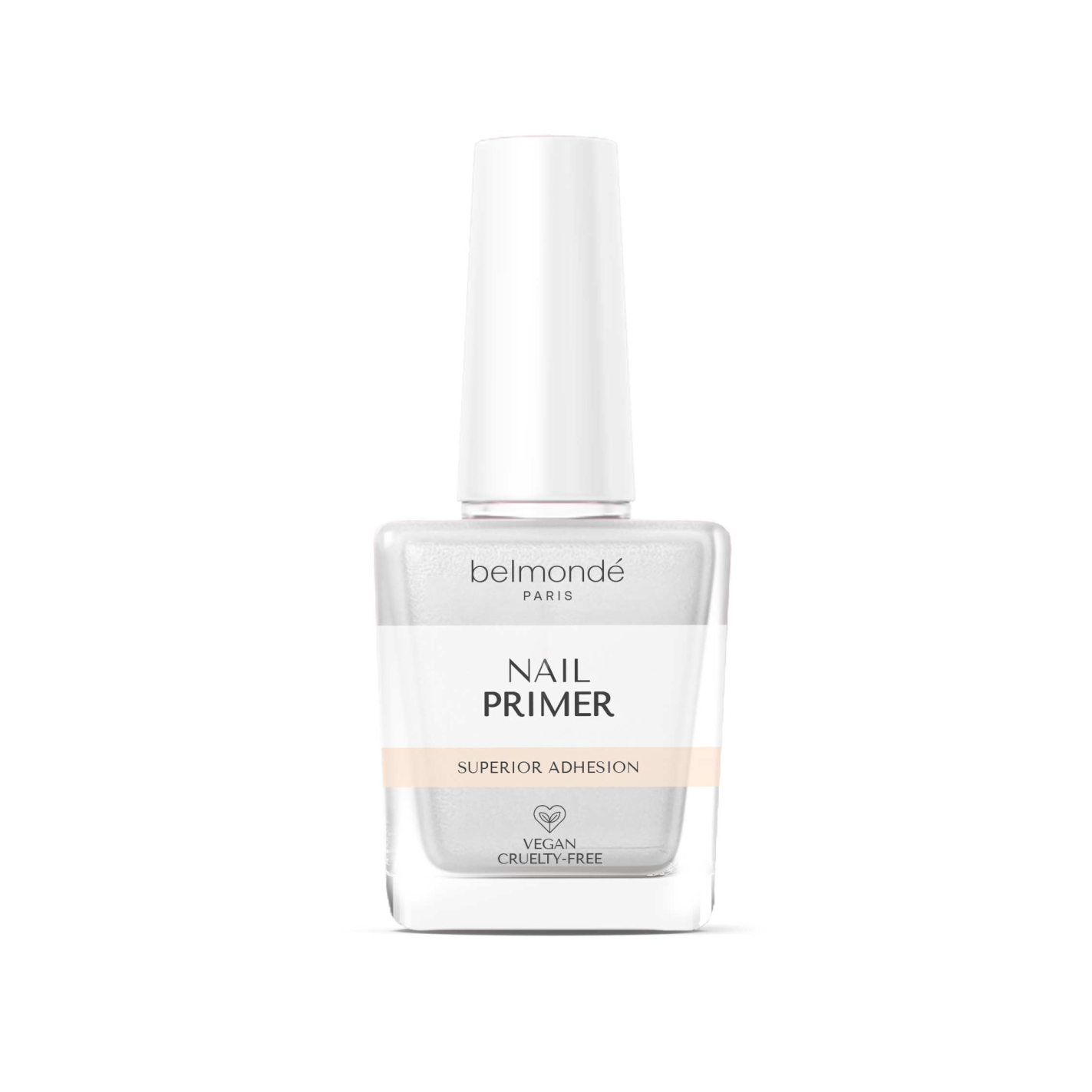 Belmondé Paris – Nail Primer – Flaska med Belmondé Paris Nail Primer, en primer som effektivt förbereder naglarna, avlägsnar oljor och skapar optimal vidhäftning för gelé- och akrylprodukter. Vegan och cruelty-free, perfekt för både naturliga och konstgjorda naglar.