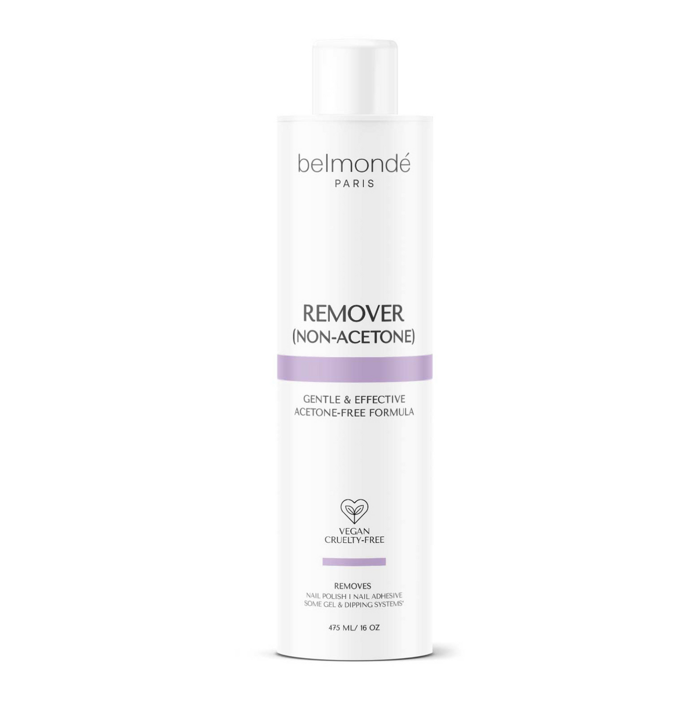 Belmondé Paris – Remover (Non-Acetone) – Flaska med Belmondé Paris acetonfri nagellacksborttagare, en skonsam och effektiv formula som tar bort nagellack utan att torka ut naglarna. Vegan och cruelty-free, passar både naturliga och konstgjorda naglar.