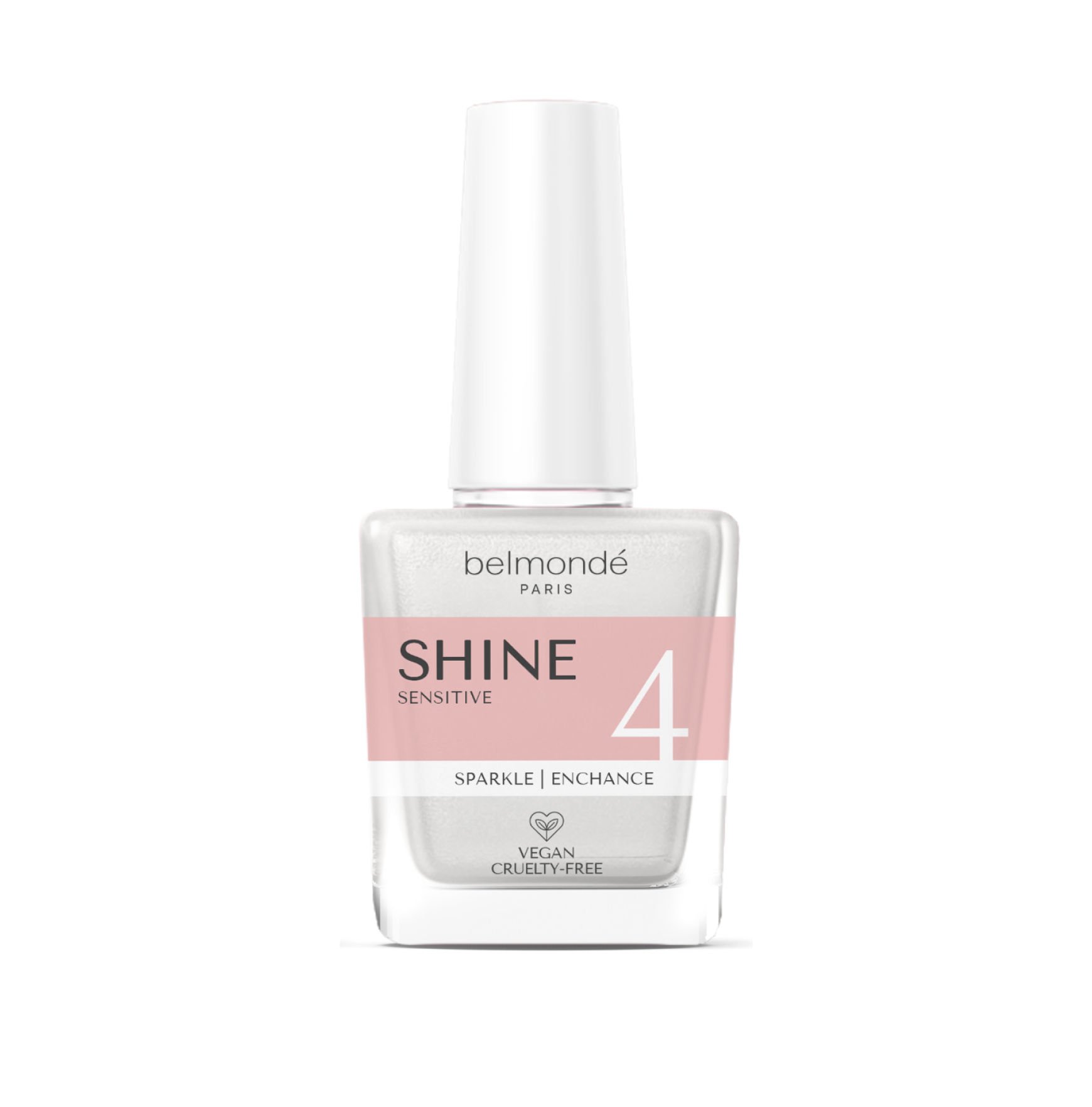 Belmondé Paris – Shine 4 Sensitive – Flaska med Belmondé Paris Shine 4 Sensitive, en slutvätska som ger maximal glans och är speciellt framtagen för känsliga användare, inklusive de med allergier eller "dip flu". Vegan och cruelty-free.