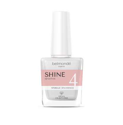 Belmondé Paris – Shine 4 Sensitive – Flaska med Belmondé Paris Shine 4 Sensitive, en slutvätska som ger maximal glans och är speciellt framtagen för känsliga användare, inklusive de med allergier eller "dip flu". Vegan och cruelty-free.