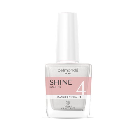 Belmondé Paris – Shine 4 Sensitive – Flaska med Belmondé Paris Shine 4 Sensitive, en slutvätska som ger maximal glans och är speciellt framtagen för känsliga användare, inklusive de med allergier eller "dip flu". Vegan och cruelty-free.