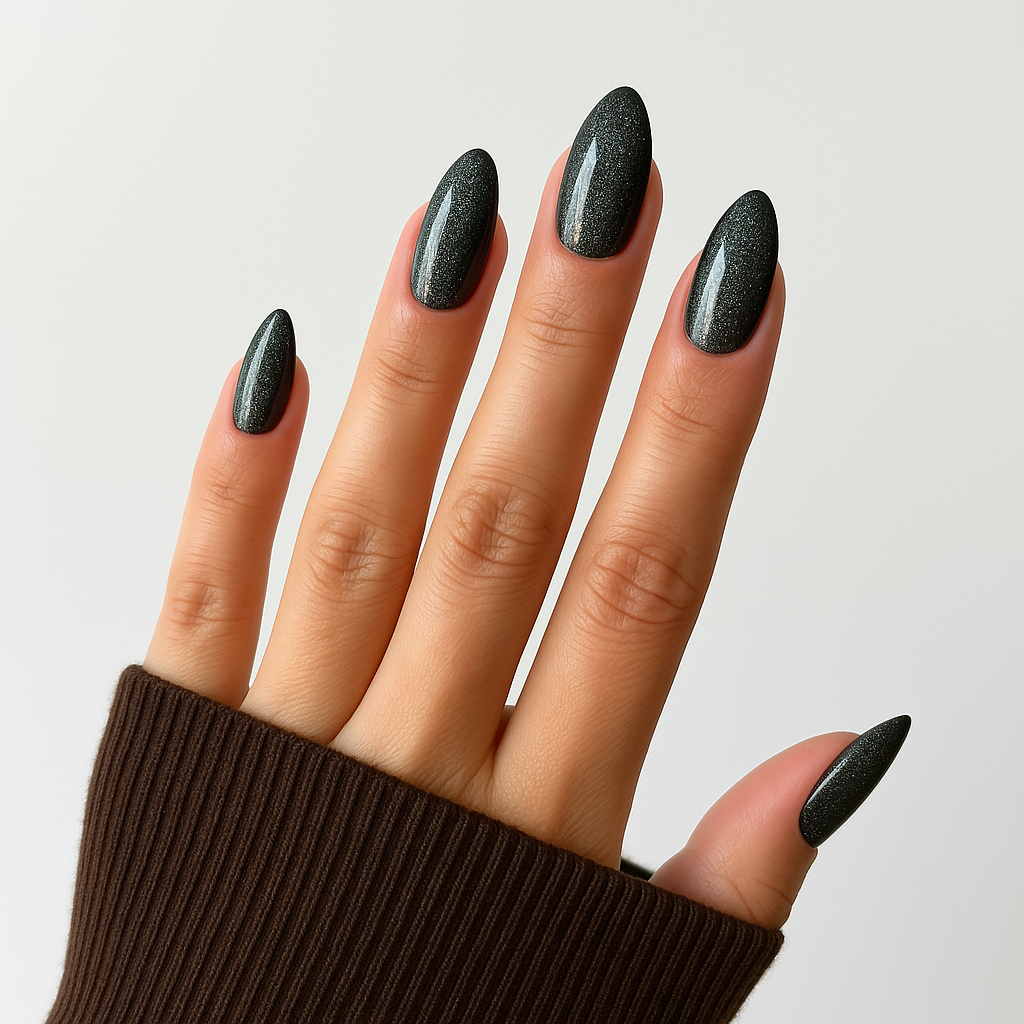 Black Galaxy – Svart gellack med skimmer / gel polish på modellhand – Salongskvalitet UV/LED-nagellack – Mandel-formade naglar