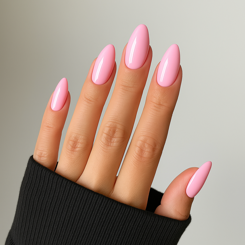 Bubbelgum rosa – Pigg och lekfull rosa nyans med bubbelgum-vibbar / polygel på modellhand – Salongskvalitet UV/LED-polygel – Mandel-formade naglar