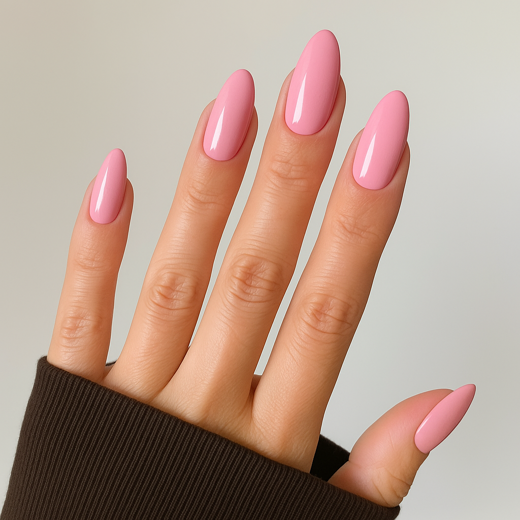 Bubbelgumsrosa – Söt och livlig bubbelgumsrosa nyans med glansig finish / polygel på modellhand – Salongskvalitet UV/LED-polygel – Mandel-formade naglar
