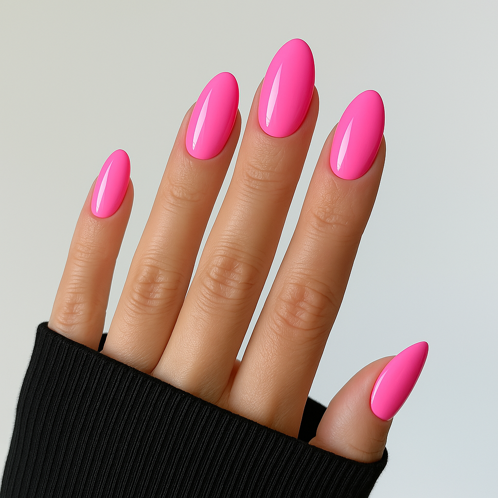 Rosa – Bubblegum – Djärv och färgstark rosa nyans på modellhand som ger en söt och livlig touch / dipping-pulver-powder-akryl-pulver – Salongskvalitet material – Mandel-formade naglar