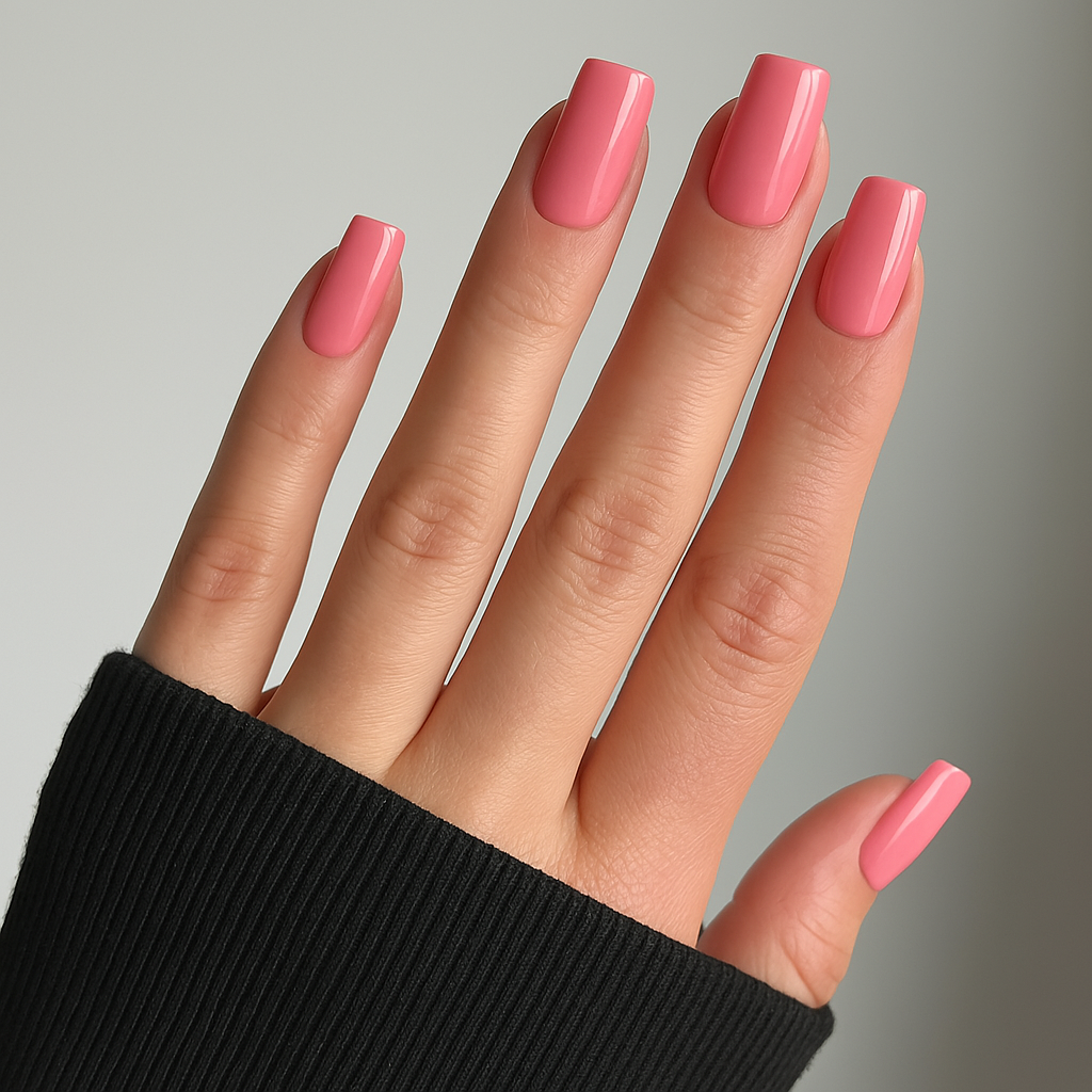 Bubblegum Pink – Bubbelgumsrosa / klar rosa gellack / gel polish på modellhand – Salongskvalitet UV/LED-nagellack – Fyrkantiga naglar