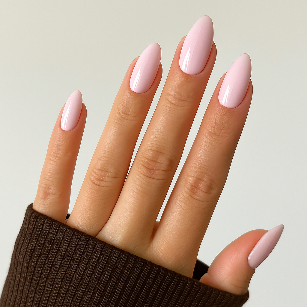 Charm – Babyrosa / ljusrosa gellack / gel polish på modellhand – Salongskvalitet UV/LED-nagellack – Mandel-formade naglar