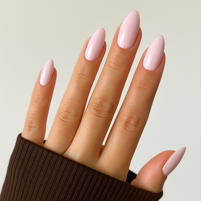 Charm – Babyrosa / ljusrosa gellack / gel polish på modellhand – Salongskvalitet UV/LED-nagellack – Mandel-formade naglar
