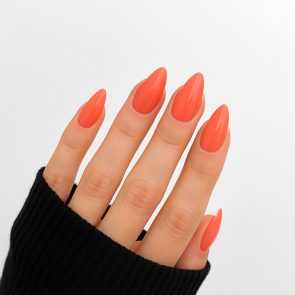 Citrus Flame – Korallorange / livfull orange gellack / gel polish på modellhand – Salongskvalitet UV/LED-nagellack – Mandel-formade naglar