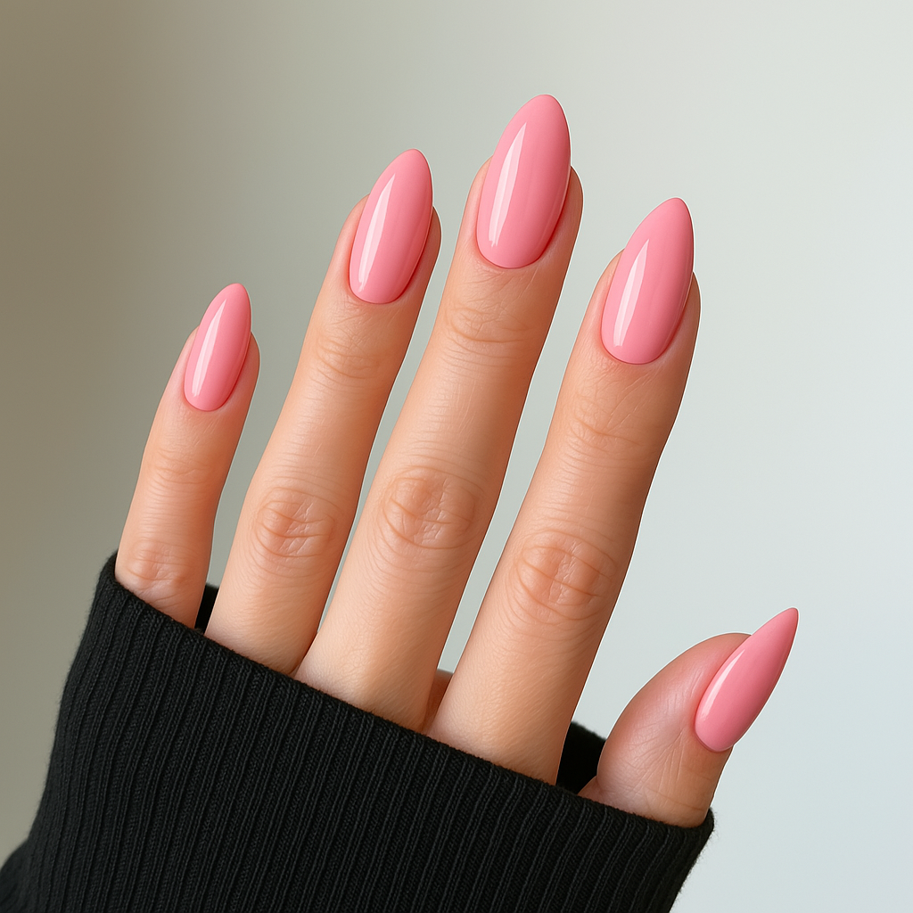 Classic Pink – Mellanrosa gellack / gel polish på modellhand – Salongskvalitet UV/LED-nagellack – Mandel-formade naglar