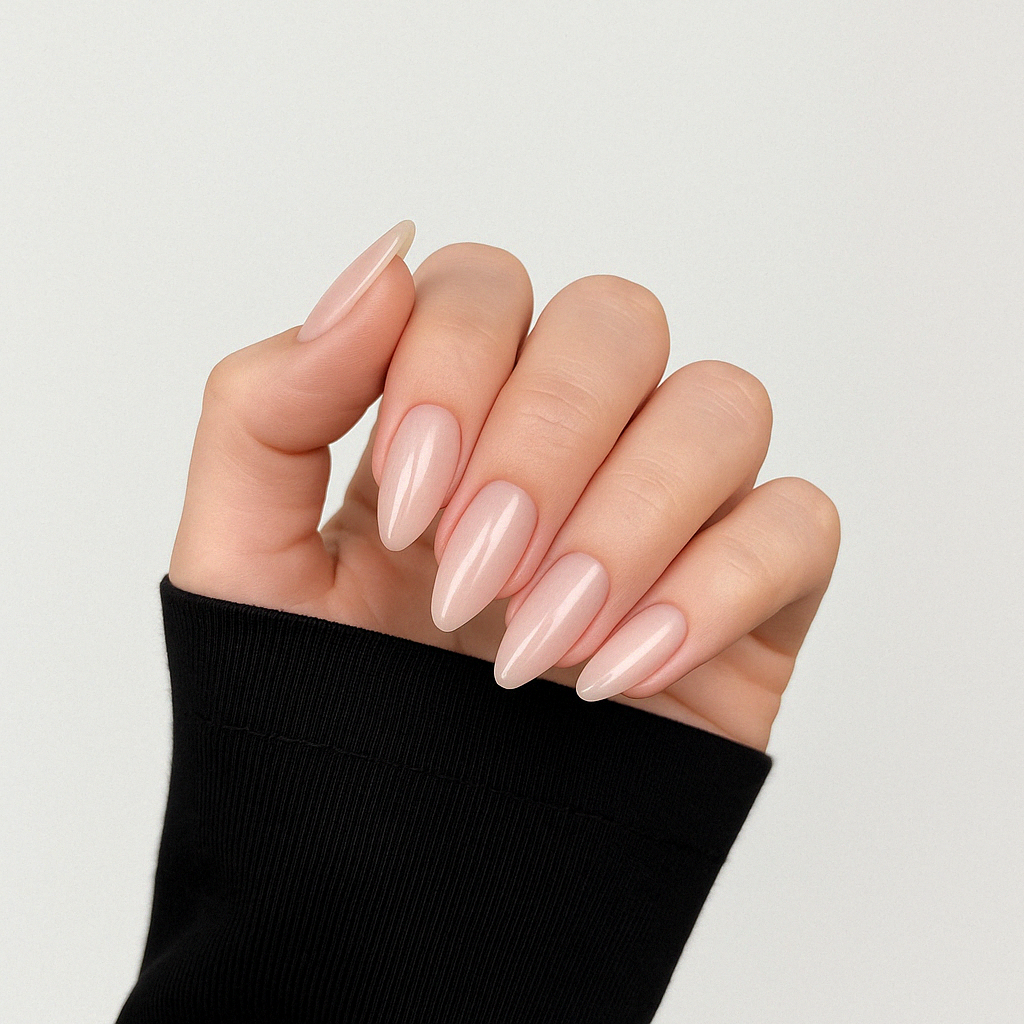 Cloud Pink – Semitransparent neutral rosa med fint glitter / glittrigt gellack / gel polish på modellhand – Salongskvalitet UV/LED-nagellack – Mandel-formade naglar