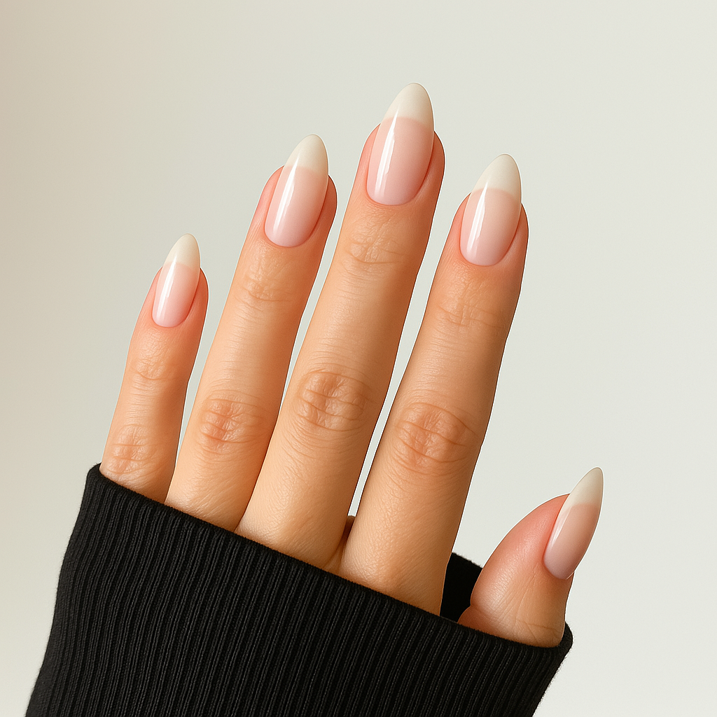 Clouded – Transparent glansigt / top coat-effekt gellack / gel polish på modellhand – Salongskvalitet UV/LED-nagellack – Mandel-formade naglar