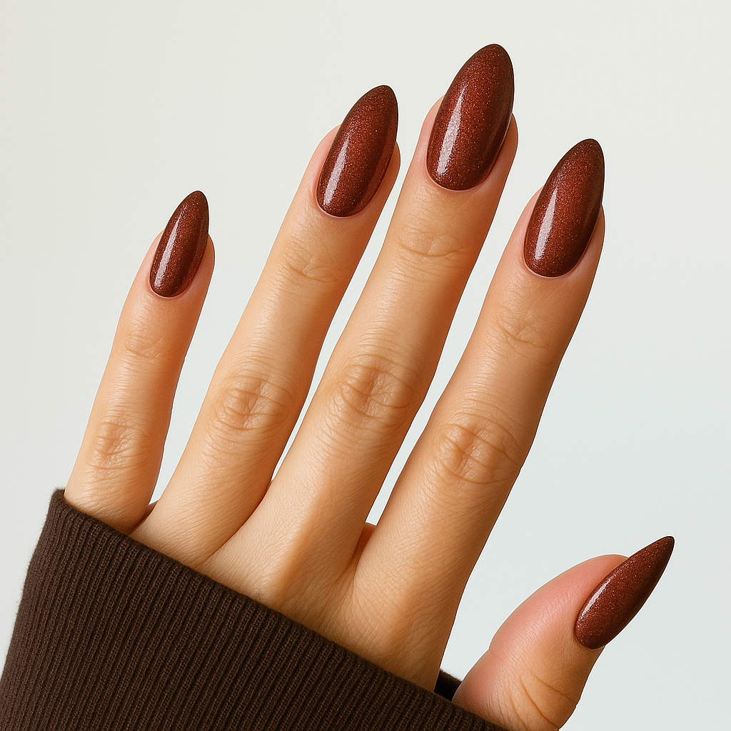 Copper Red Glitter – Kopparröd med glitter / glittrigt gellack / gel polish på modellhand – Salongskvalitet UV/LED-nagellack – Mandel-formade naglar