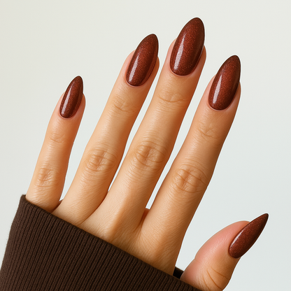 Copper Red Glitter – Kopparröd med glitter / glittrigt gellack / gel polish på modellhand – Salongskvalitet UV/LED-nagellack – Mandel-formade naglar