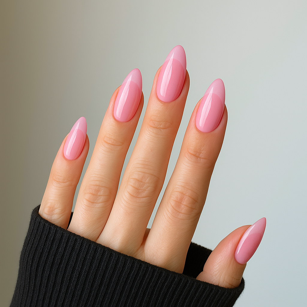 Crystal Pink – Transparent rosa / jelly-effekt gellack / gel polish på modellhand – Salongskvalitet UV/LED-nagellack – Mandel-formade naglar