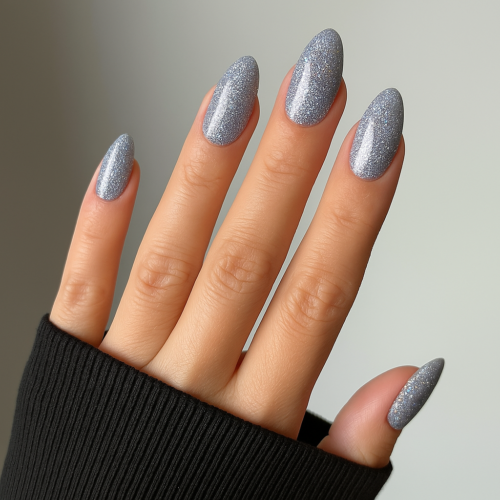 Blå – Dämpad blå nyans med silvrigt glitter som skimrar i ljuset / polygel på modellhand – Salongskvalitet UV/LED-polygel – Mandel-formade naglar