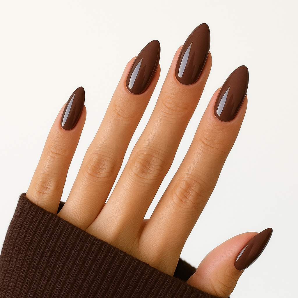 Dark Chocolate – Mörk brun gellack / gel polish på modellhand – Salongskvalitet UV/LED-nagellack – Mandel-formade naglar