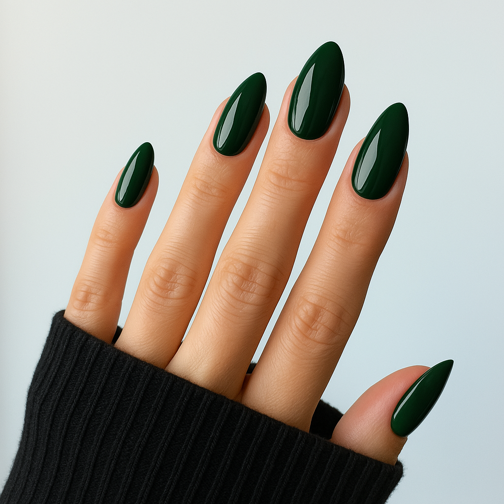 Darkwoods – Mörkgrön / djup grön gellack / gel polish på modellhand – Salongskvalitet UV/LED-nagellack – Mandel-formade naglar