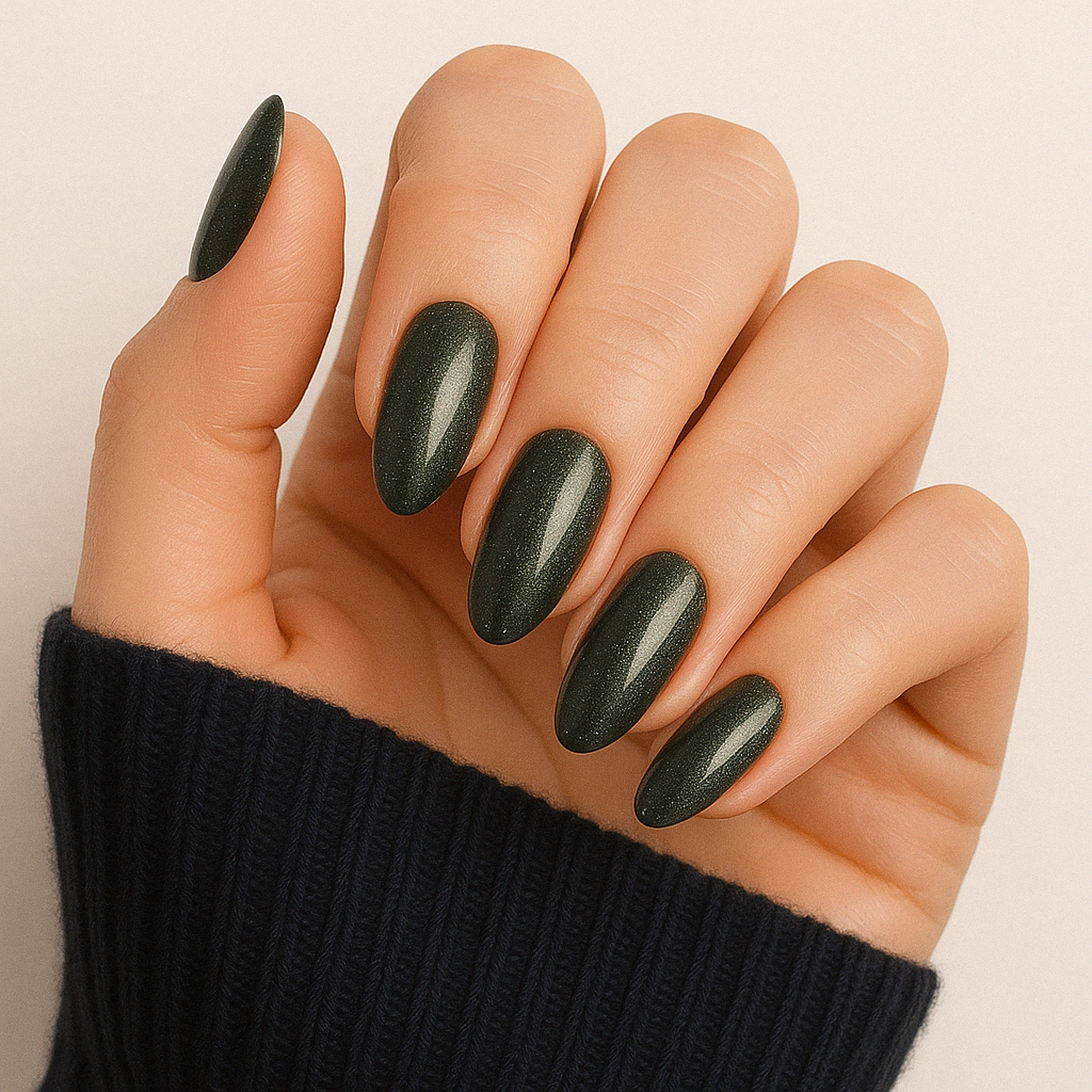 Deep Forest Glitter – Mörkgrön med glitter / glittrigt gellack / gel polish på modellhand – Salongskvalitet UV/LED-nagellack – Mandel-formade naglar