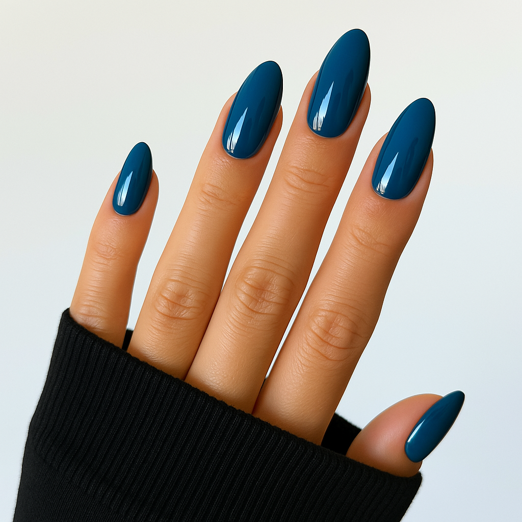 Petrolblå – Djup, mörk petrolblå nyans med blank finish / polygel på modellhand – Salongskvalitet UV/LED-polygel – Mandel-formade naglar