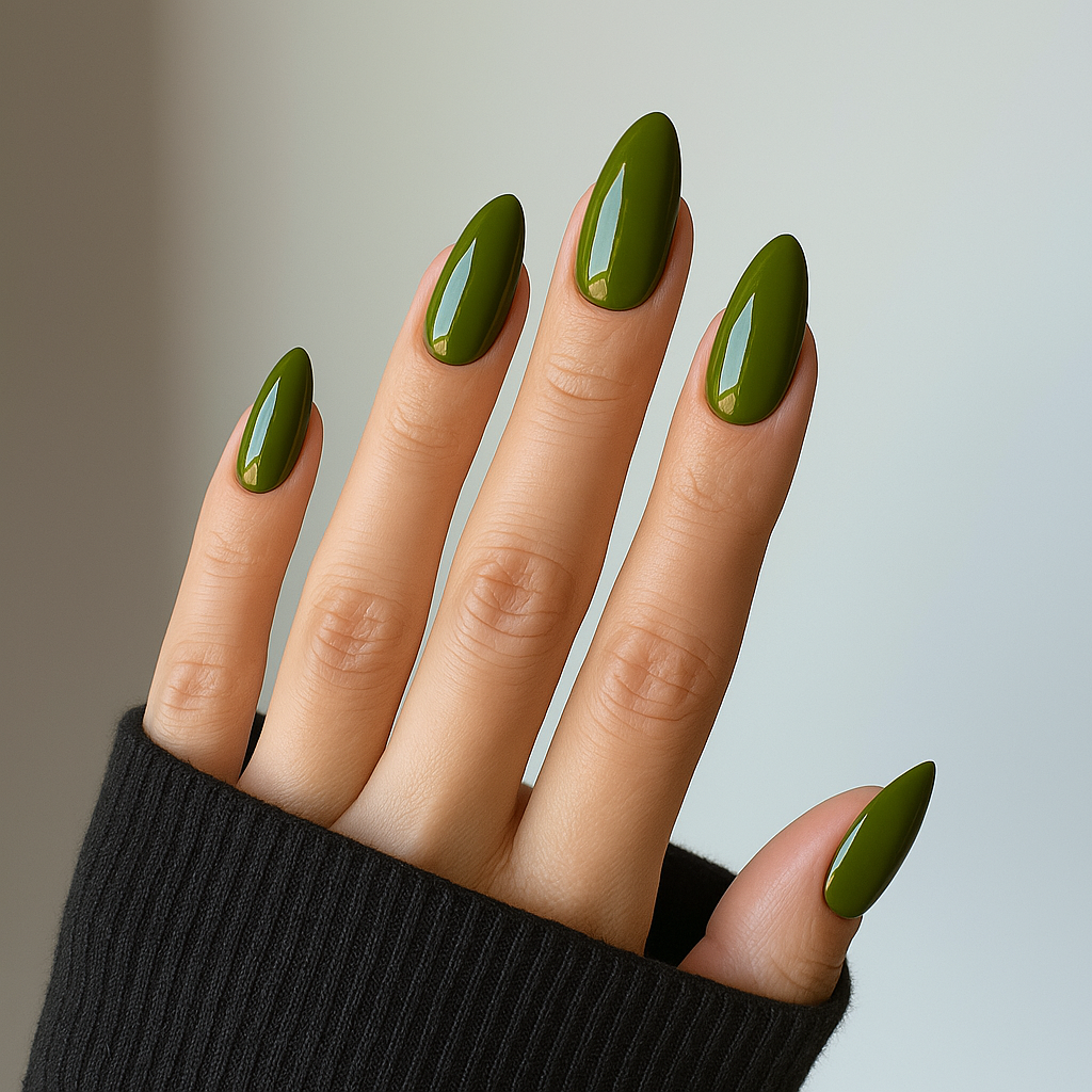 Olivgrön – Djup olivgrön nyans med krämig glans / polygel på modellhand – Salongskvalitet UV/LED-polygel – Mandel-formade naglar