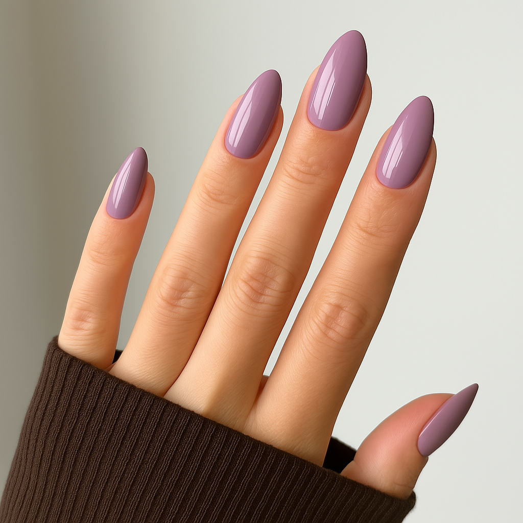 Mauve – Djup, rik mauve nyans med den perfekta mellanlila nyansen för att skapa en diskret och stilfull look / dipping-pulver-powder-akryl-pulver på modellhand – Salongskvalitet material – Mandel-formade naglar