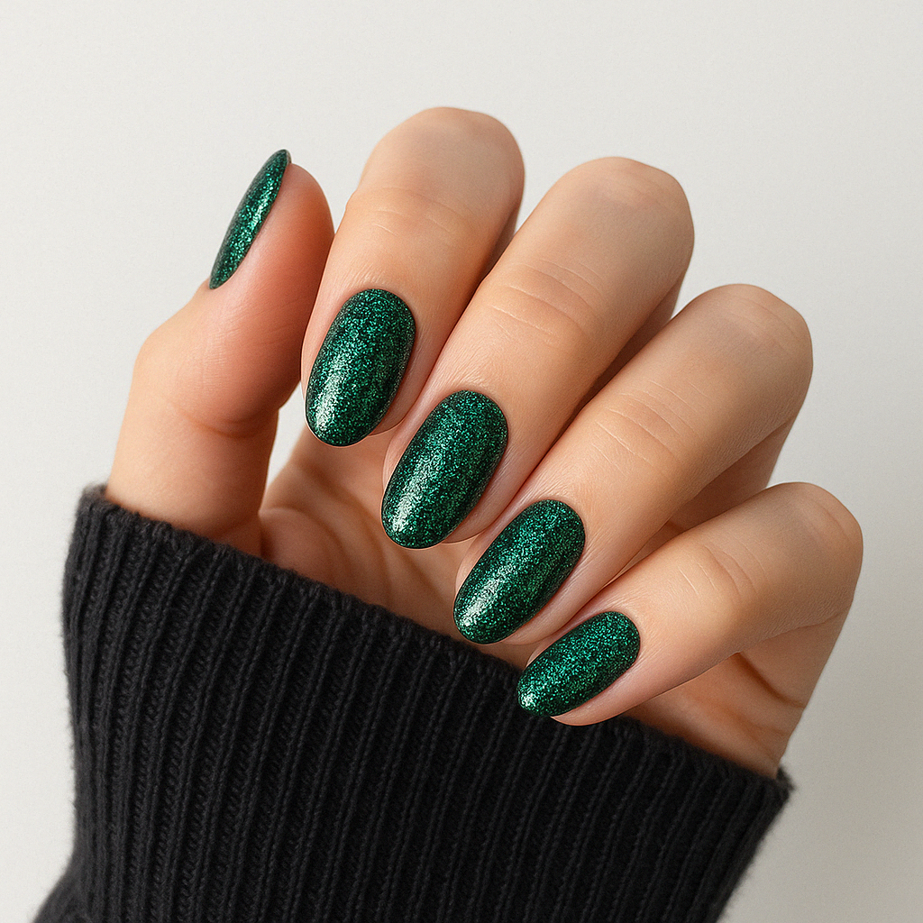 Smaragdgrön – Djup smaragdgrön nyans med intensivt glitter i blå och gröna toner / polygel på modellhand – Salongskvalitet UV/LED-polygel – Mandel-formade naglar