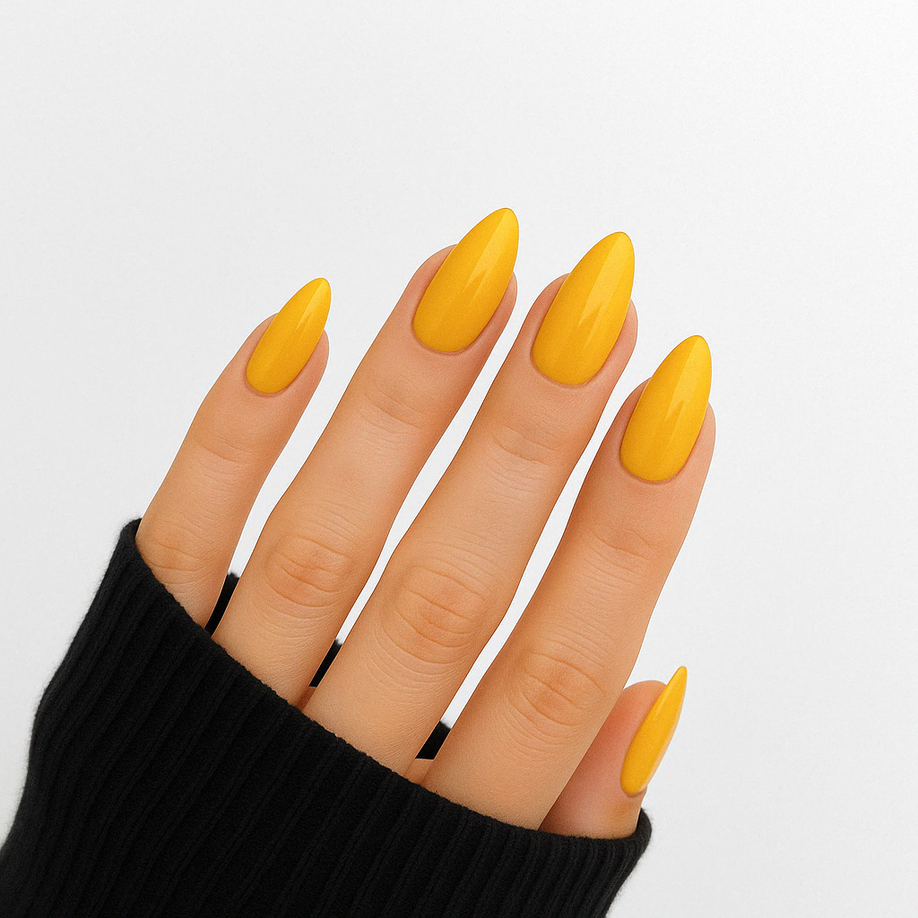 Gul – Djup, solig gul nyans med blank finish / polygel på modellhand – Salongskvalitet UV/LED-polygel – Mandel-formade naglar