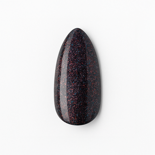 Svart – Djup svart bas med skimrande rött och blått glitter / polygel – Högpigmenterat UV/LED-material för salonger – Nagelfärgvisning (nail swatch)