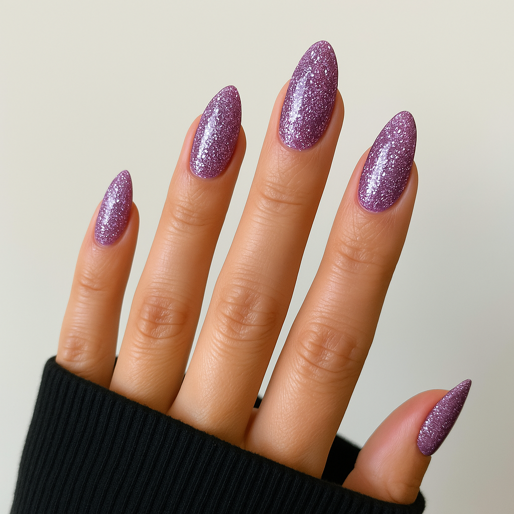 Djupt lila – Lila glitter med skimrande hexagonflakes / polygel på modellhand – Salongskvalitet UV/LED-polygel – Mandel-formade naglar